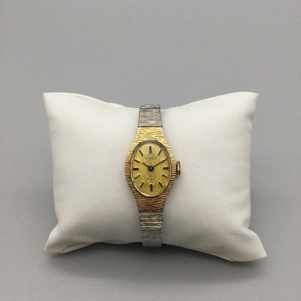 Vintage Timex Womens Watch 18mm Gold Dial Silver Tone Bracelet Manual Wind